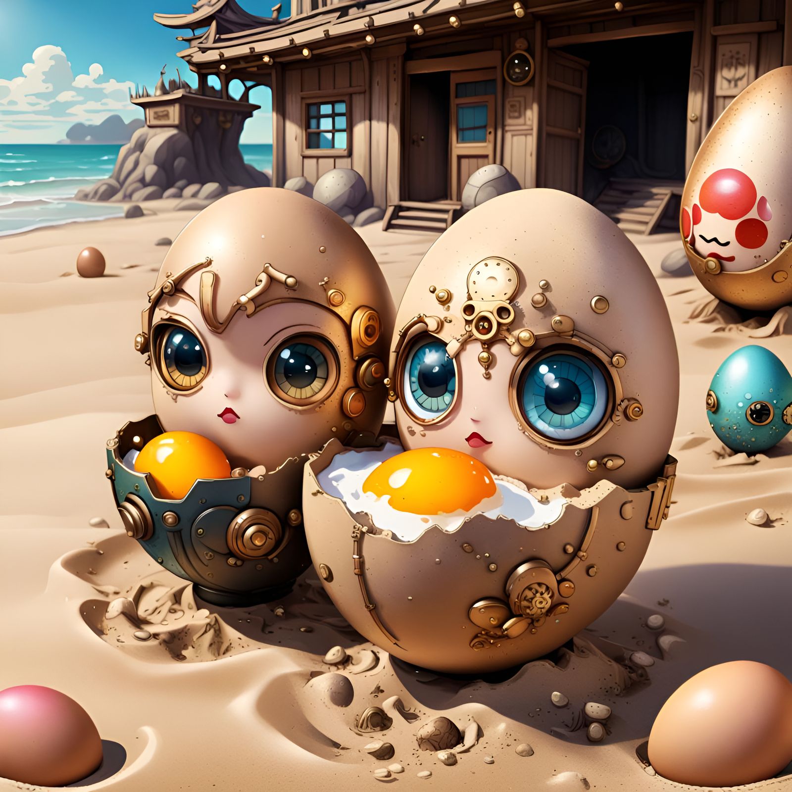 Steampunk Kawaii Eggs on a Beach, Japanese Art