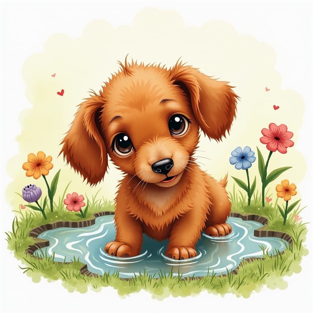 Whimsical Watercolor Dachshund Plays in Puddle
