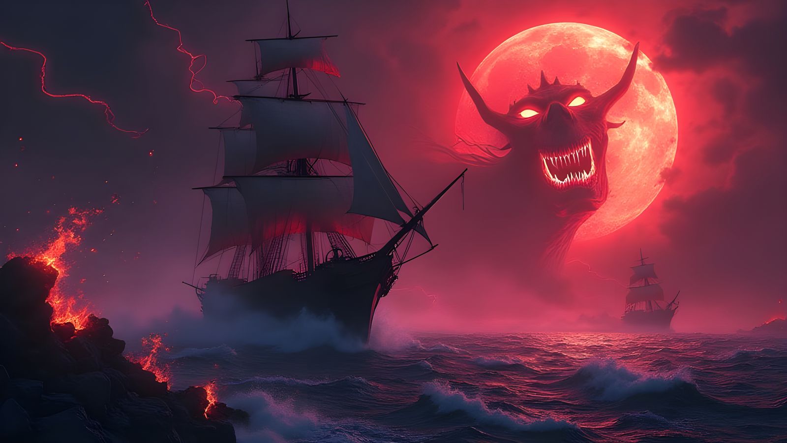 Ghostly Ship Engulfed in Flames, with Devilish Bow and Helli...
