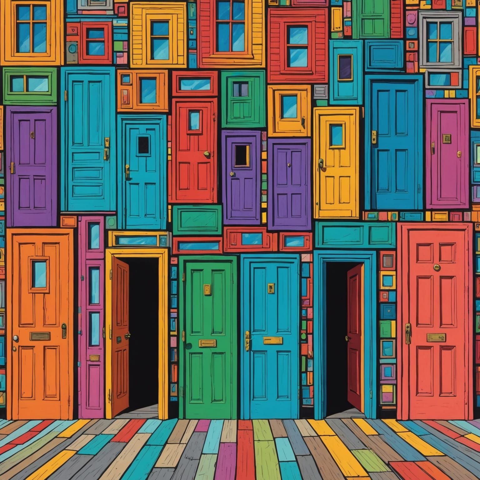 Surreal Landscape of Floating Doors: A Hand-Drawn Illustrati...