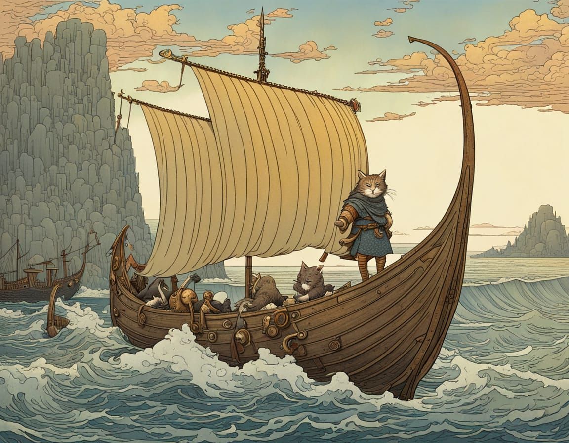 Viking Cat at War in Golden Age Illustration Style