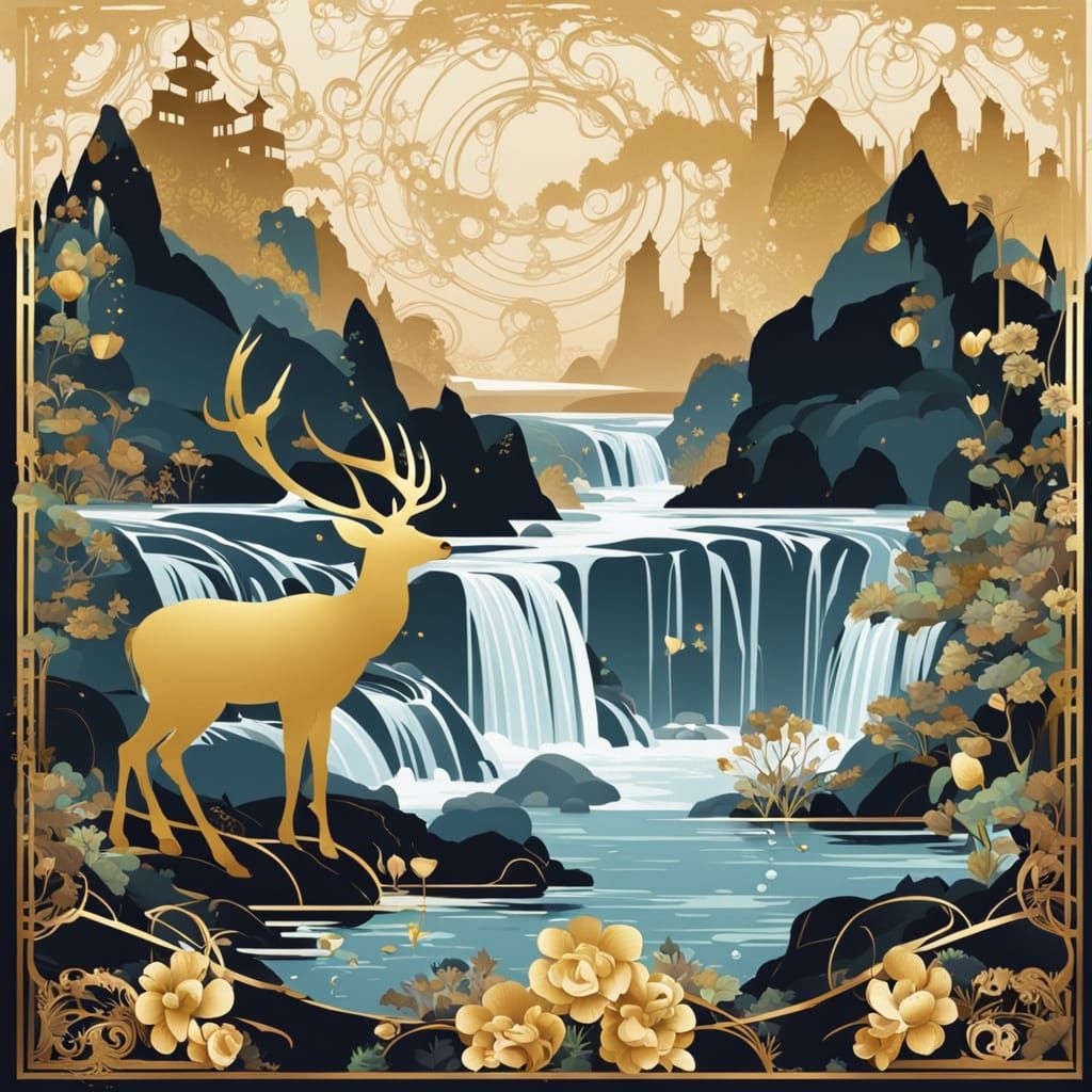 River, Waterfall, and Deer in Art Nouveau Style