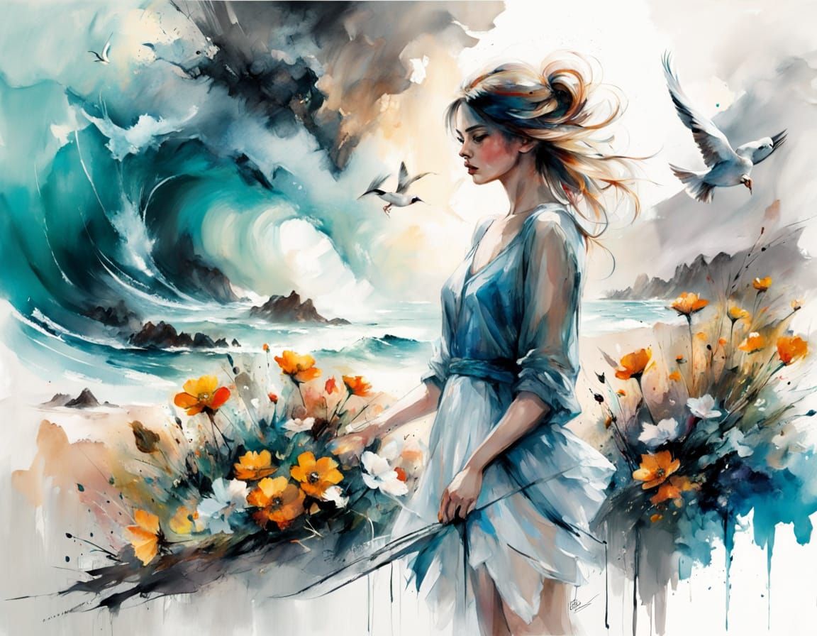 Vibrant Watercolour Coastline with Wildflowers and Seabirds