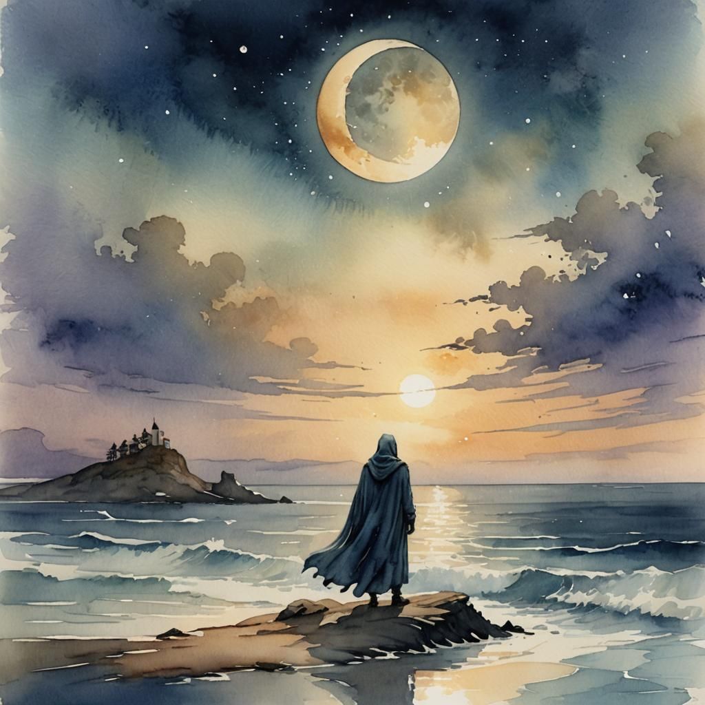 Hooded Figure in Ethereal Watercolor Ocean Landscape