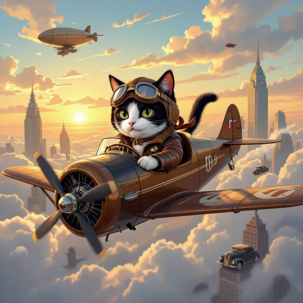 Steampunk Cat Aviator in Vintage Biplane