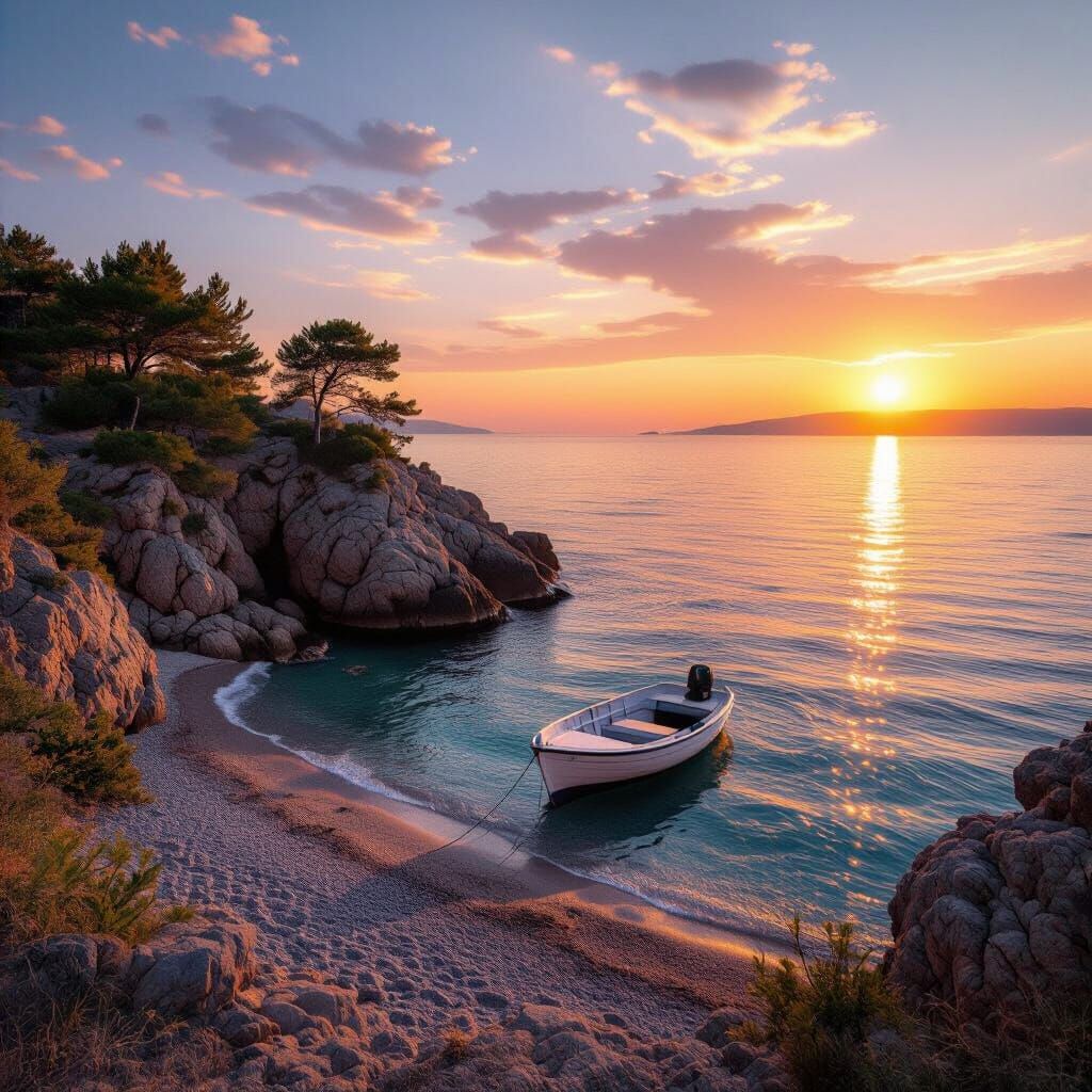 Stunning Coastal Landscape at Sunset with Cliffs and Boat