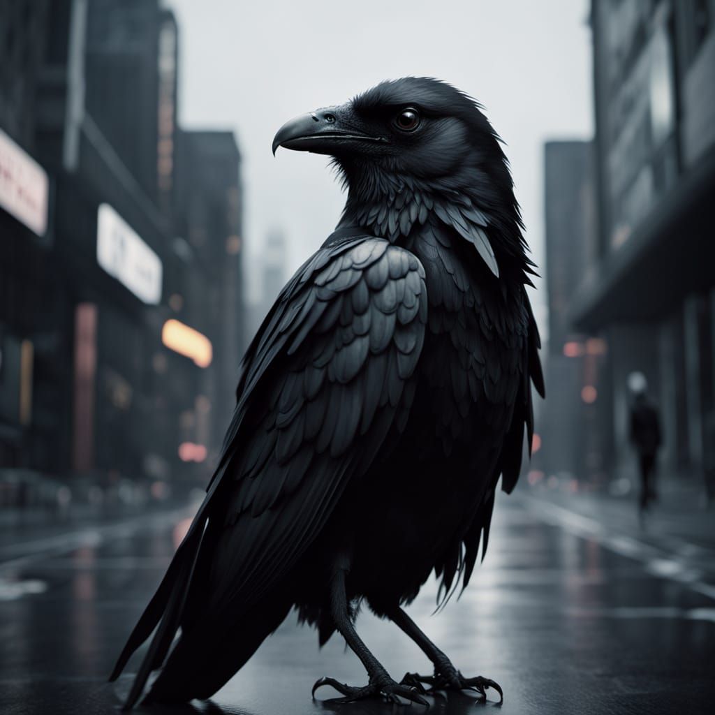 Black Raven Flies Down Empty Street in Graphic Novel Style