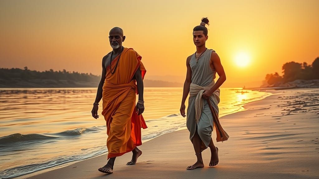 Ancient India Riverside Sunset with Chanakya and Chandragupt...