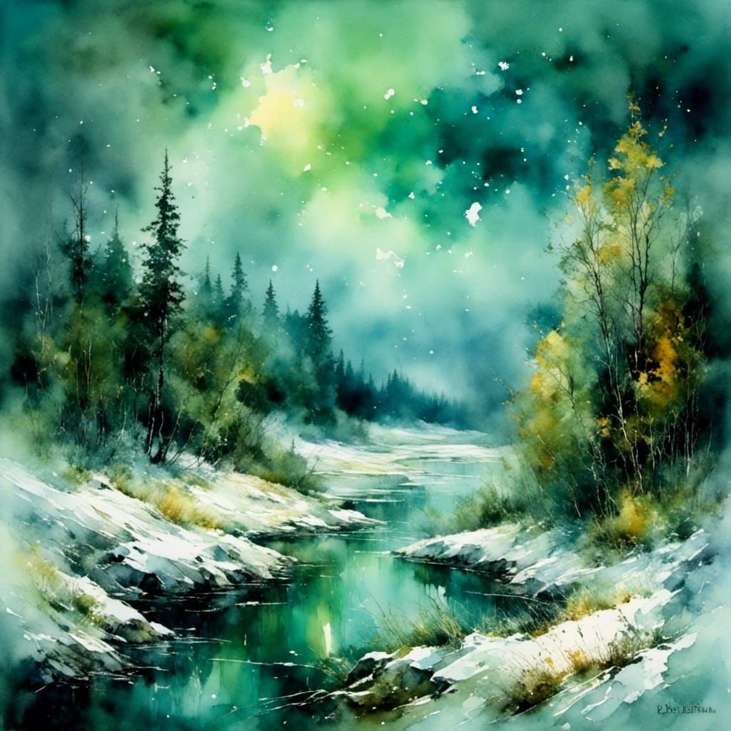 Northern Lights over Siberia in Russian Painting Style