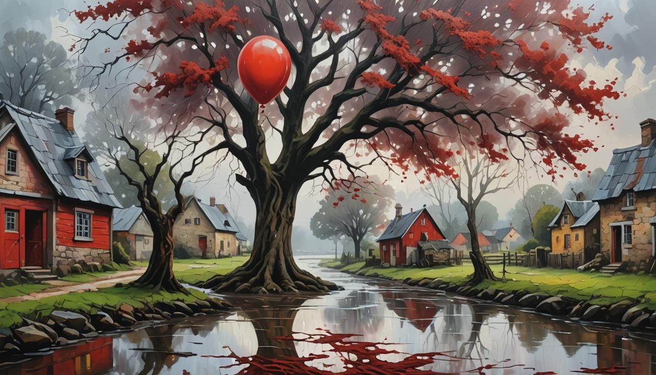 Village Under Twisted Oaks: Impasto Oil Painting