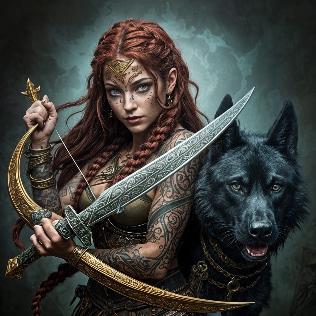 Ancient Goddess Warrior with Battle Dog