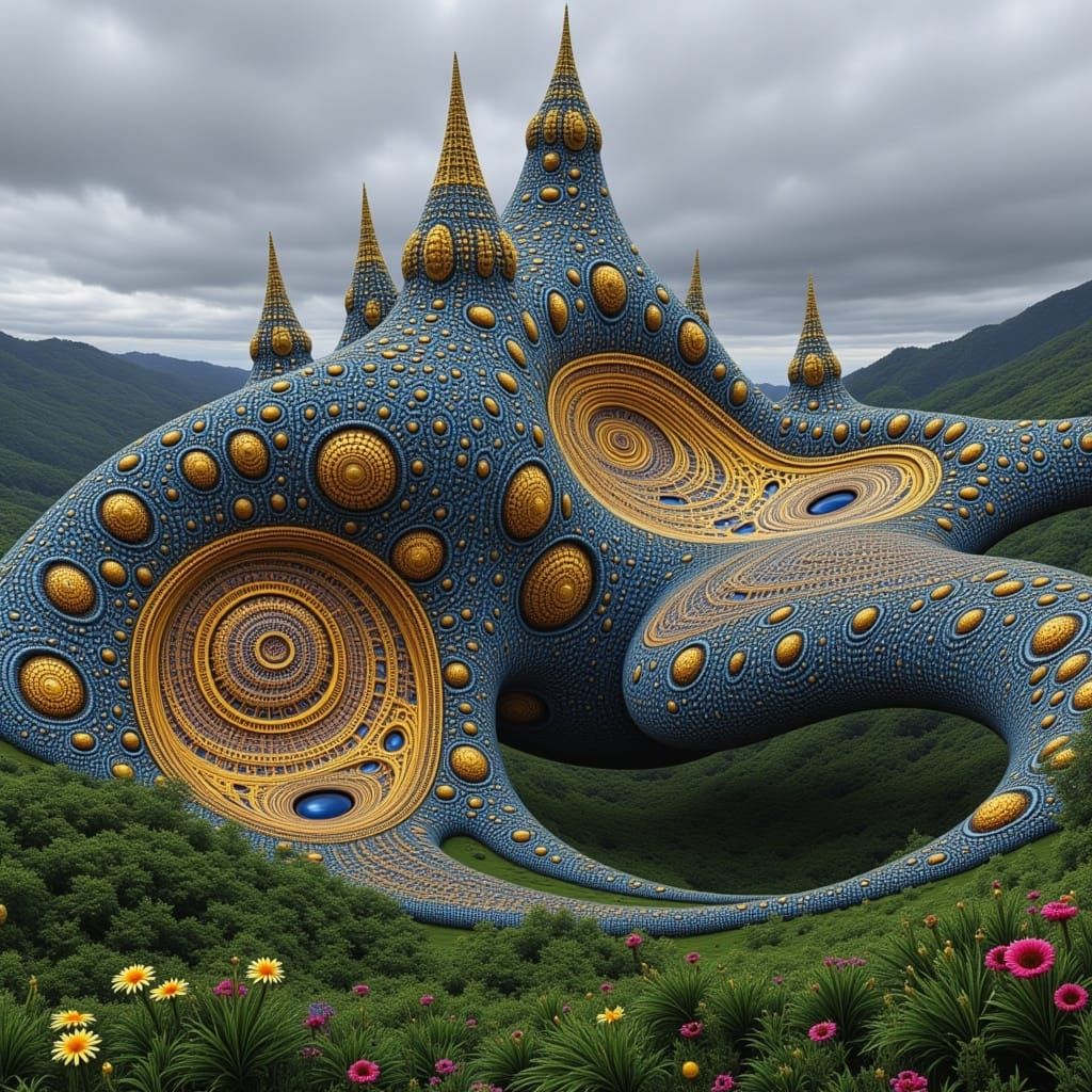 Ethereal Architecture Ascends Green Hills in Cyberpunk Aesth...