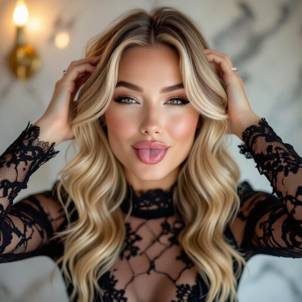 Playful Blonde in Chic Lace: Photorealistic Portrait