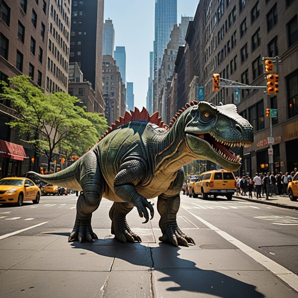 Dinosaurs Strolling Down Manhattan Boulevard