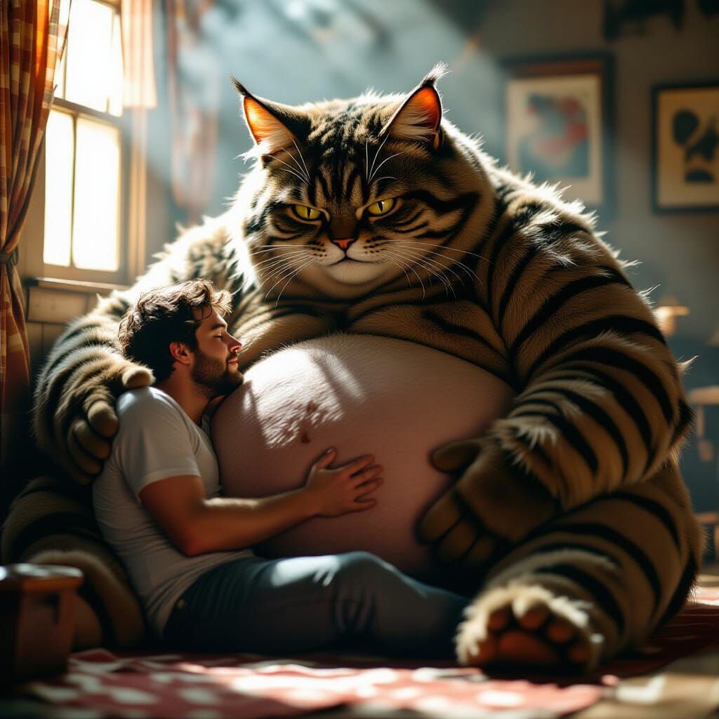 Furry Cat-Man Snuggling Human in Cinematic Style