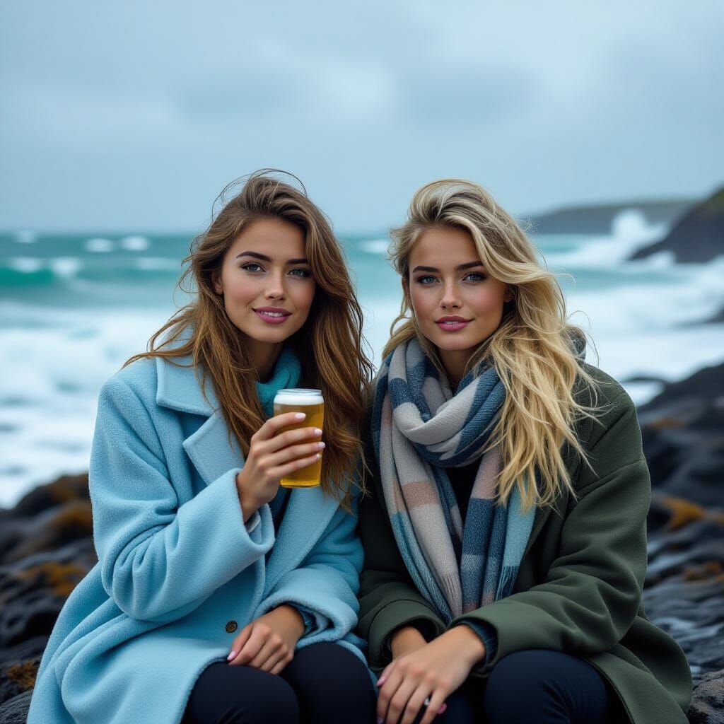 Two Young Women at Stormy Beach, Cinematic Film Still