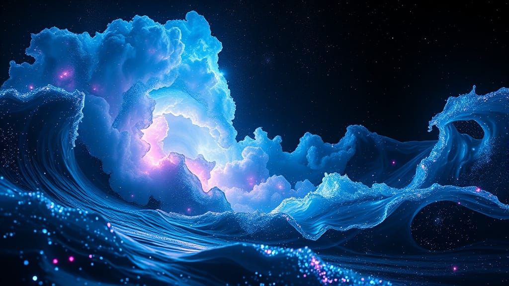 Surreal Cosmic Dreamscape in Neon-Lit Black Ocean