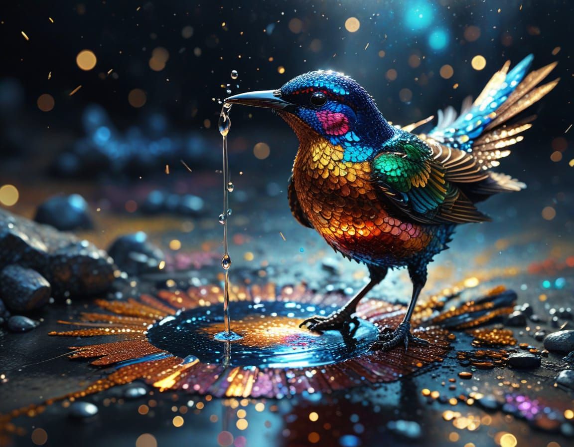 Hyper-Realistic Bird Drinks from Sequined Watering Hole