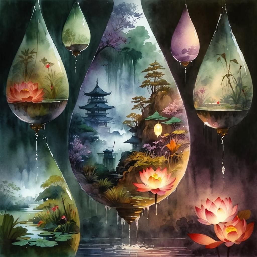 Watercolor Crane in Lotus Pond with Temple