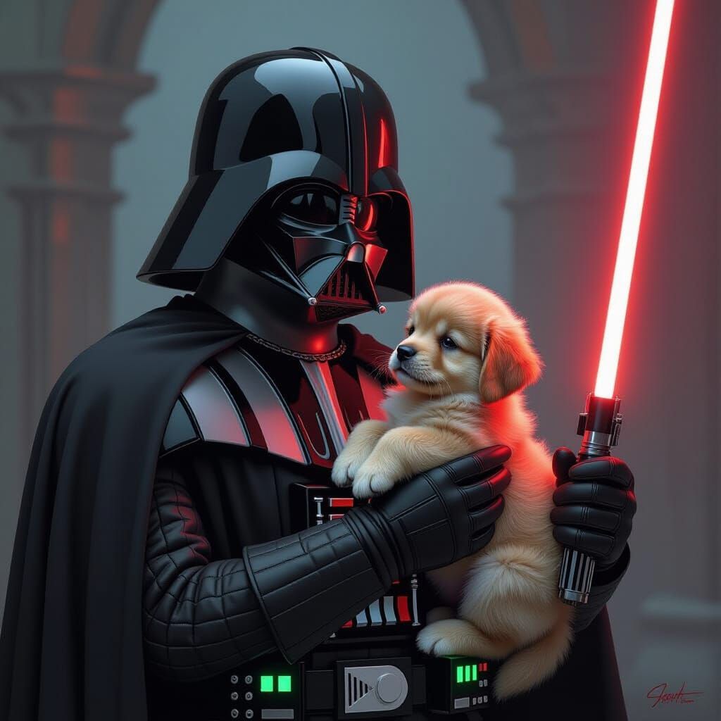 Darth Vader Gently Holds Golden Retriever Puppy
