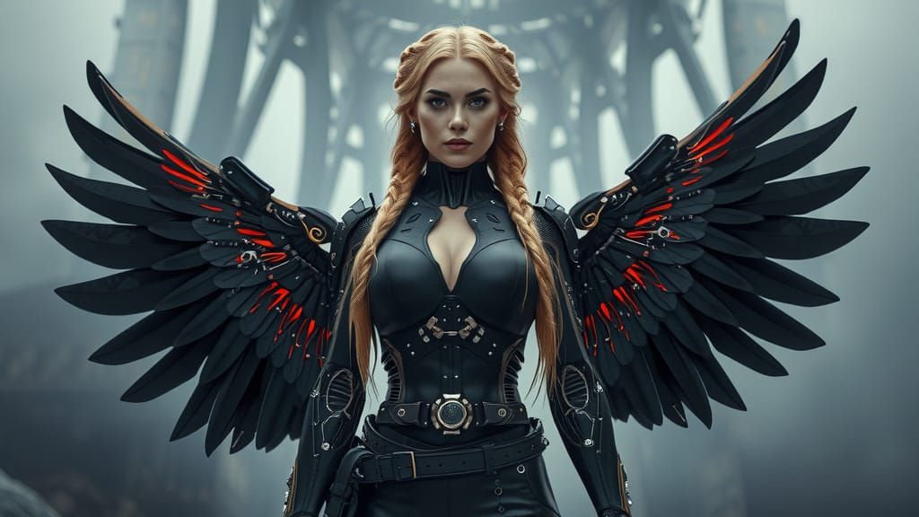 Futuristic Cyborg Woman in Dystopian Sci-Fi Landscape