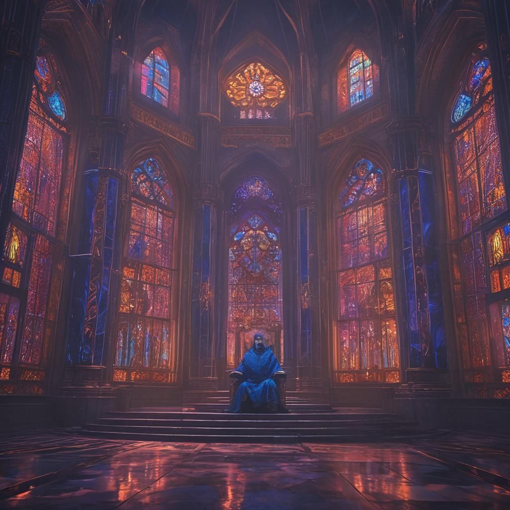 Synthwave King on Neon Throne in Grand Hall