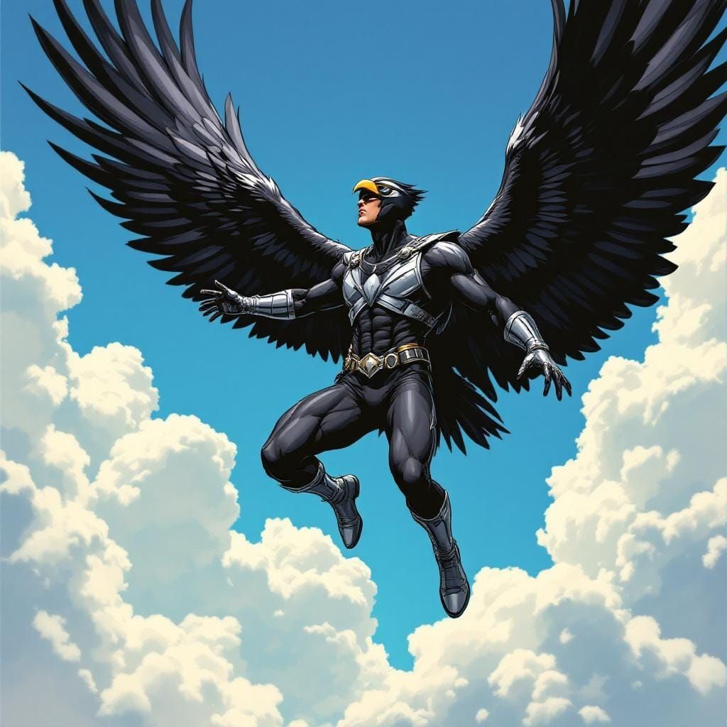 Winged Man Ascending in Comic Book Style