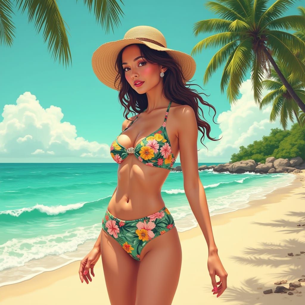 Vibrant Tropical Swimsuit Model on a Sun-Kissed Beach