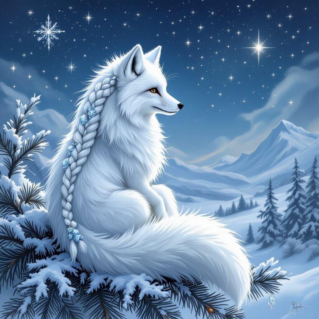 Arctic Fox with Braided Mane in Winter Scene