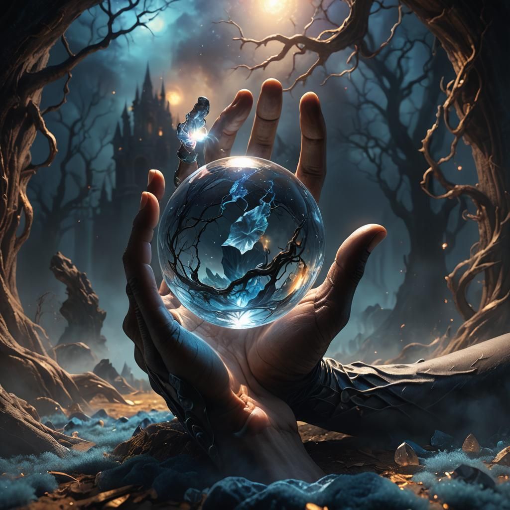 Bony Hand Holding Glowing Crystal Ball