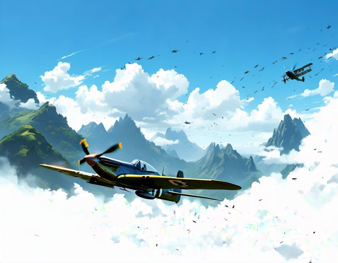 <lora:Sorcerous:1.0> A P-51 Mustang Flying through a mountain pass  detailed matte painting, deep color, fantastical, in...