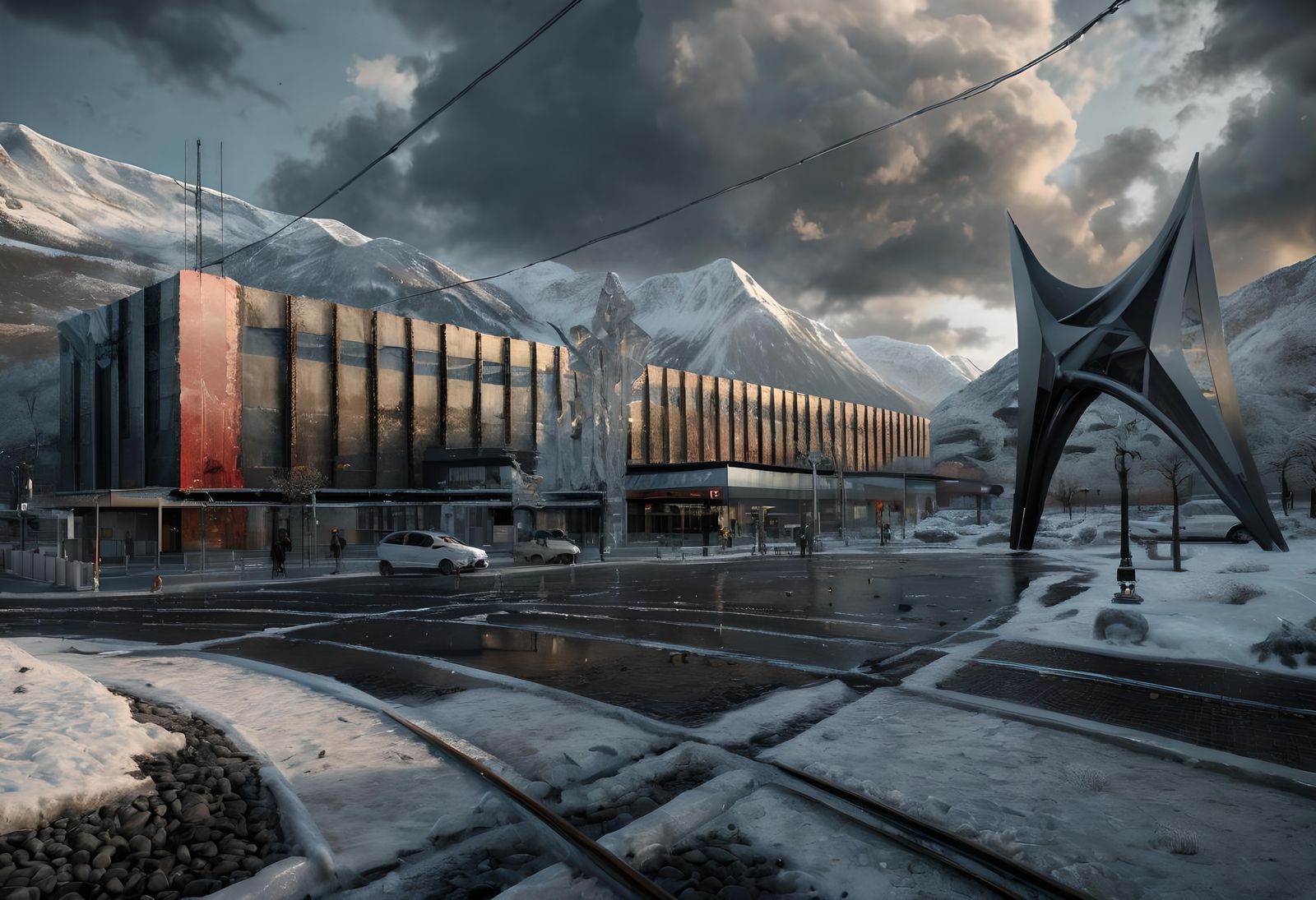 Grenoble Building with Black Sculpture, Detailed Matte Paint...