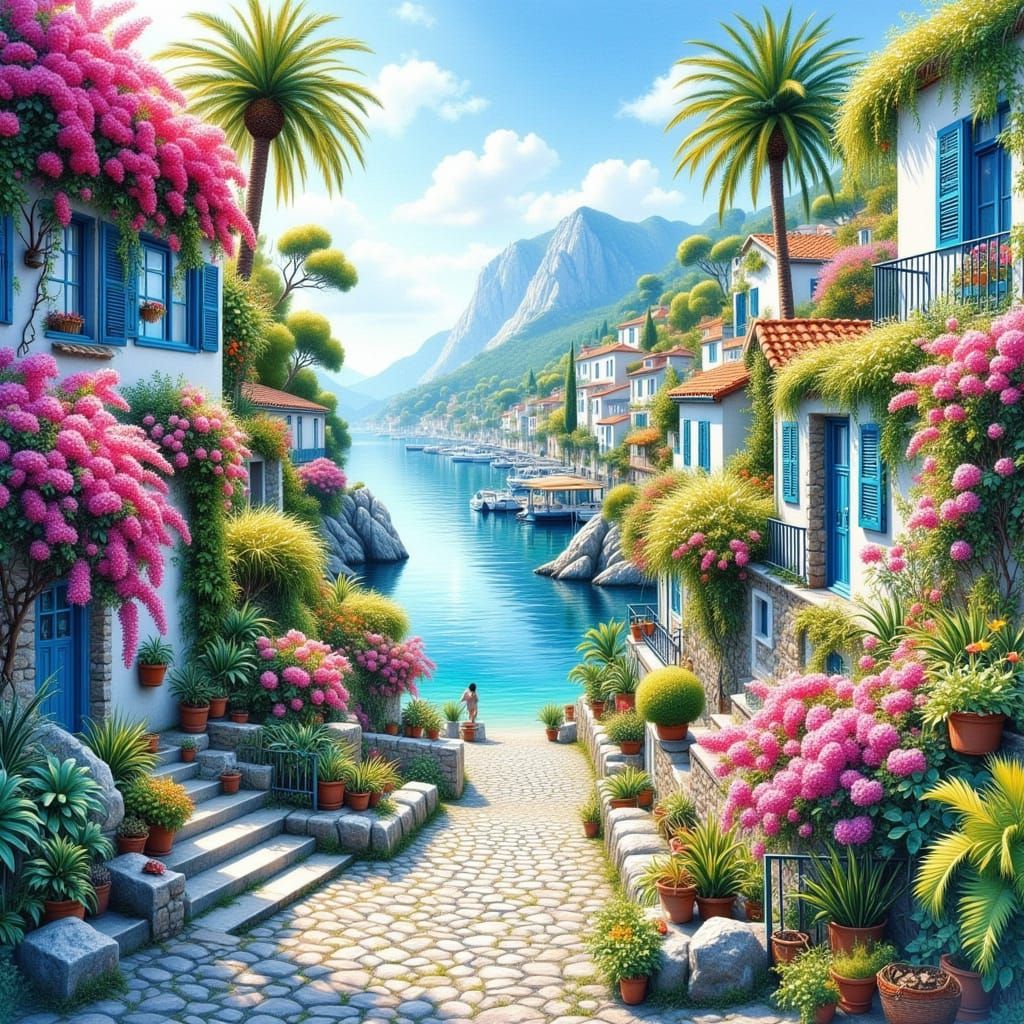 Vibrant Flower-Adorned Harbor Town in Ethereal Glow