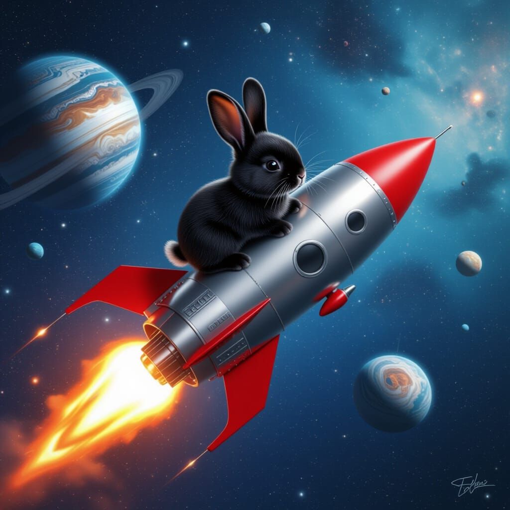 Black Bunny Soaring Through Galaxy on Rocket