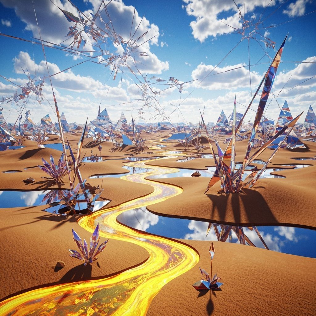 Surreal Desert Landscape with Molten Gold Rivers