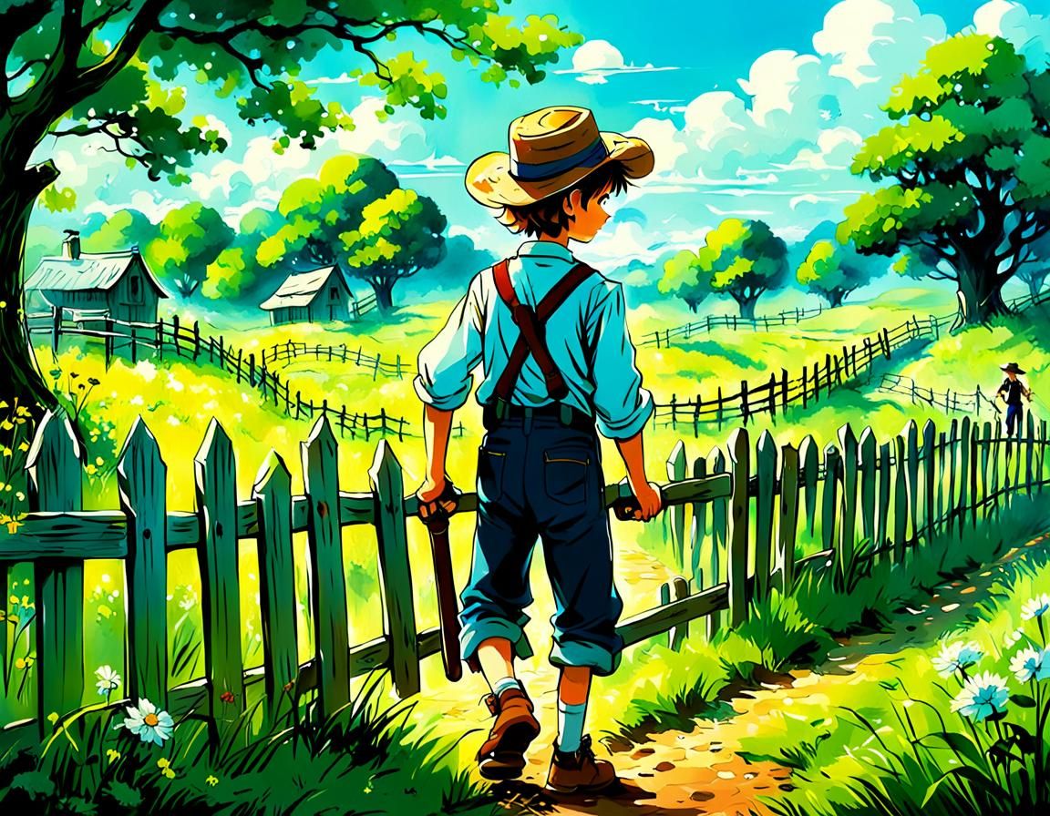 Tom Sawyer Painting Fence in Anime Style