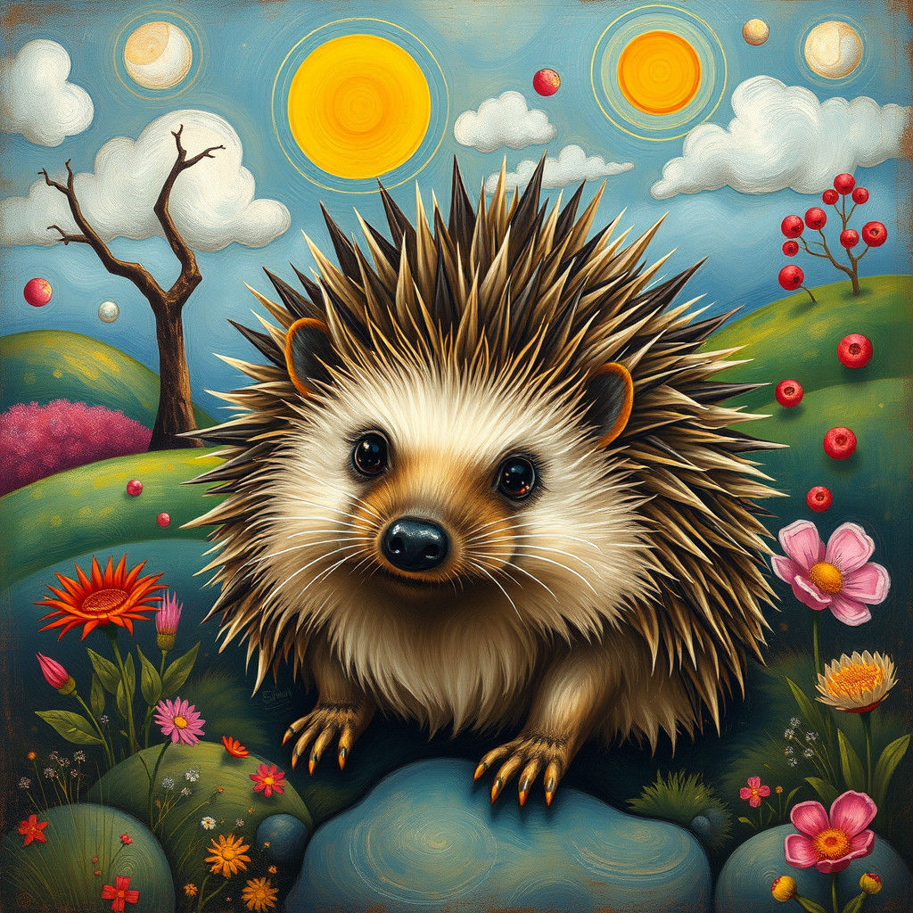 Whimsical Hedgehog in Surreal Dreamscape: Folk Art