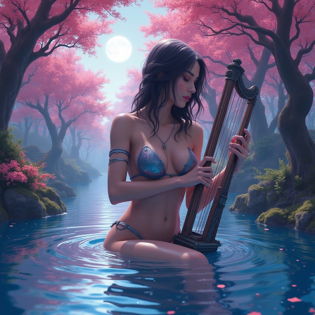 Sultry Naiad Plays Moon Harp Under Vibrant Triadic Skies