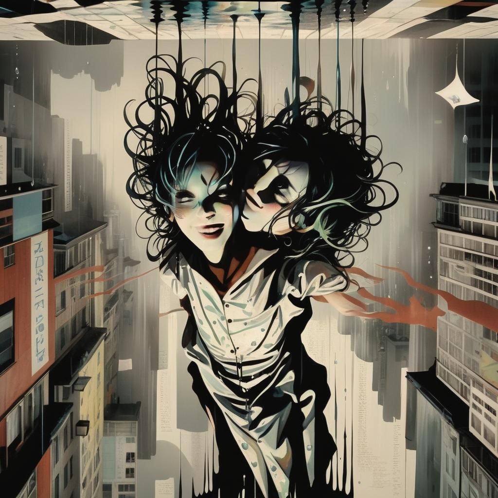 Surreal Woman Suspended in Air, Dripping Water