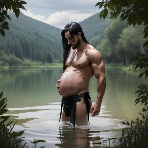 Pregnant Medieval Soldier Wades in Lake