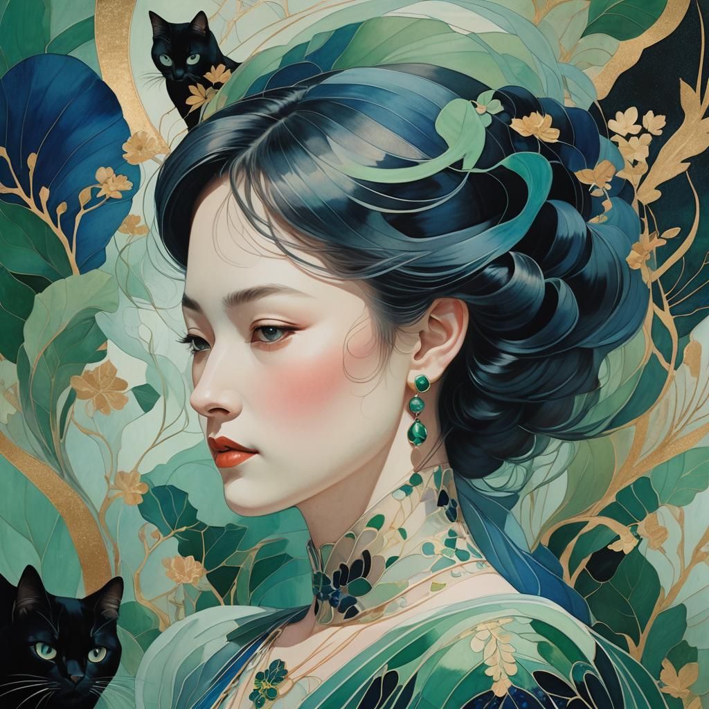 Elegant Art Nouveau Lady with Black Cat Portrait