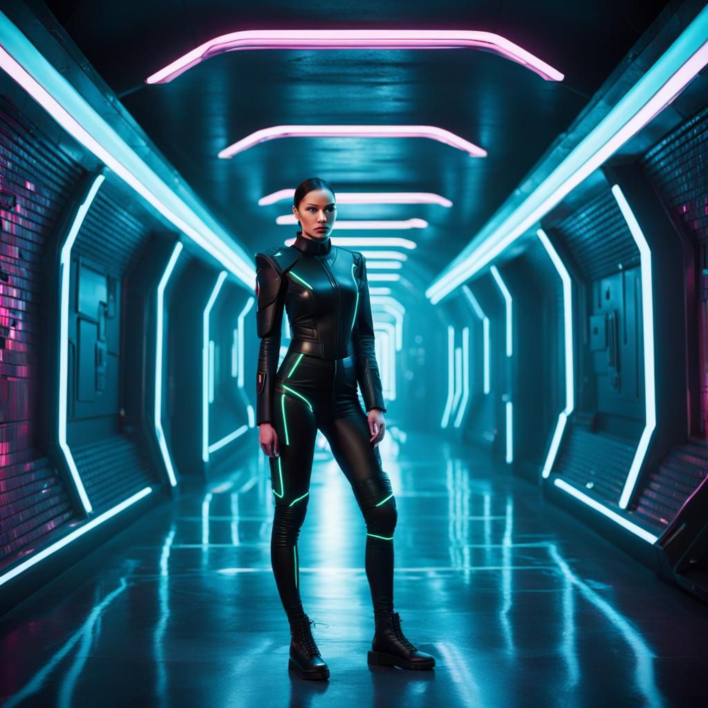 Futuristic Woman in Neon Hallway, Cyberpunk Style
