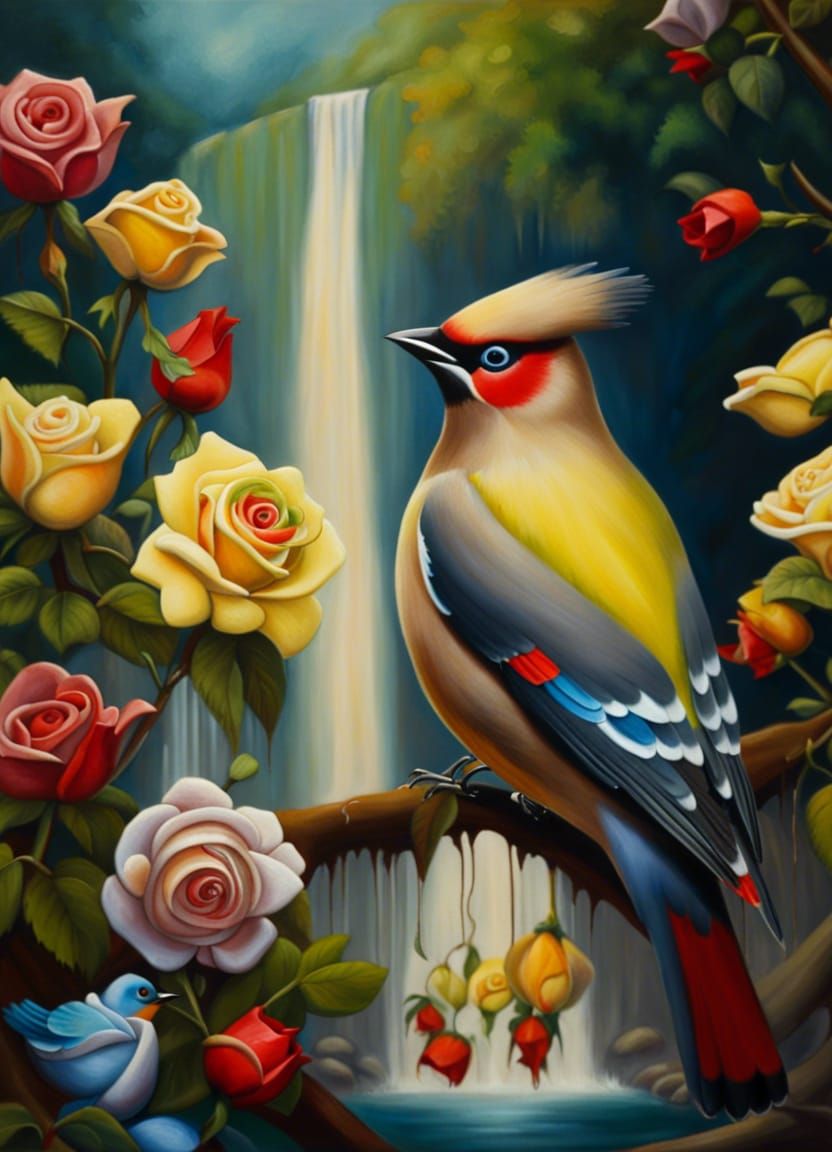 Whimsical Oil Painting of Waxwing Bird and Lush Flowers