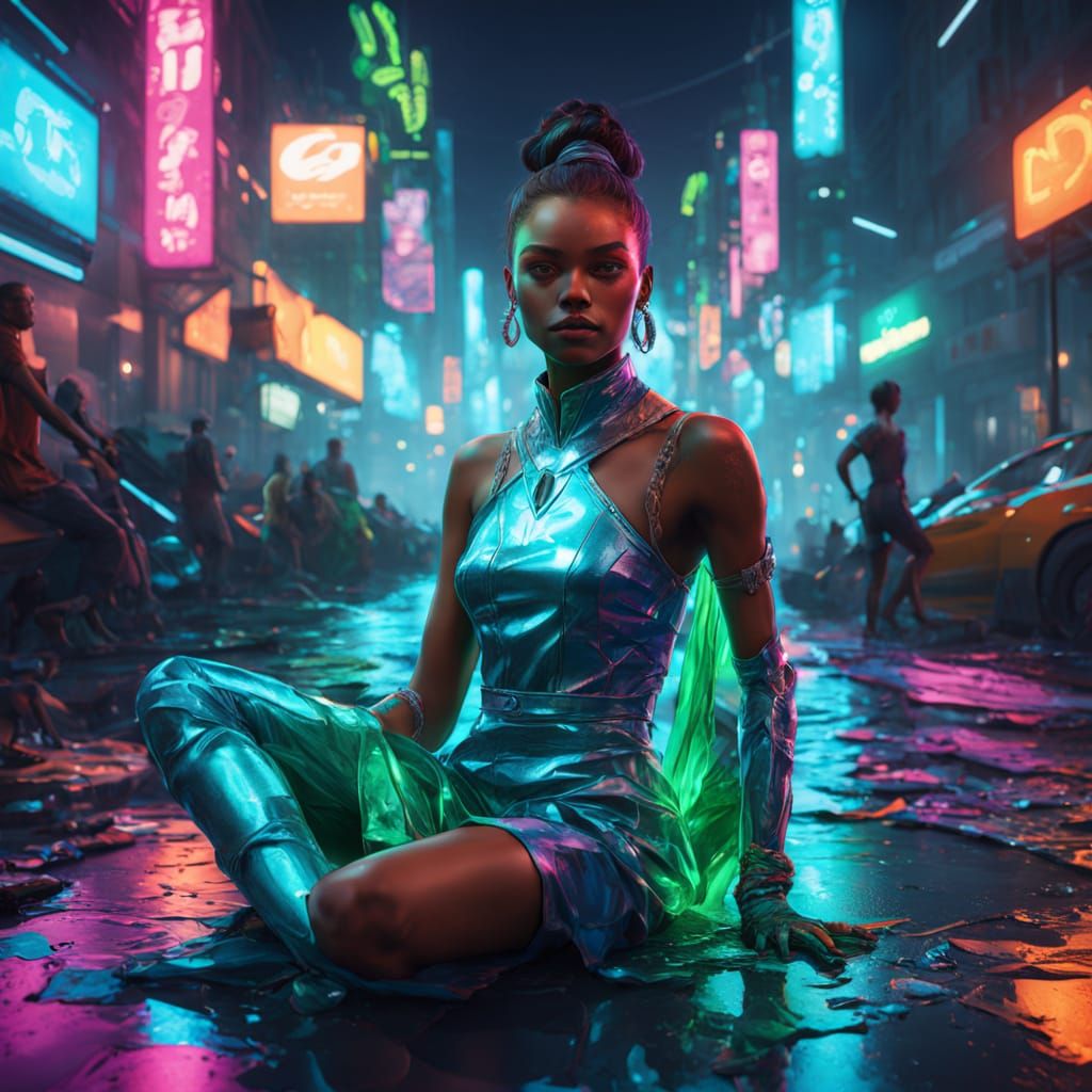 Neon Fashion Models in Urban Setting, Digital Art
