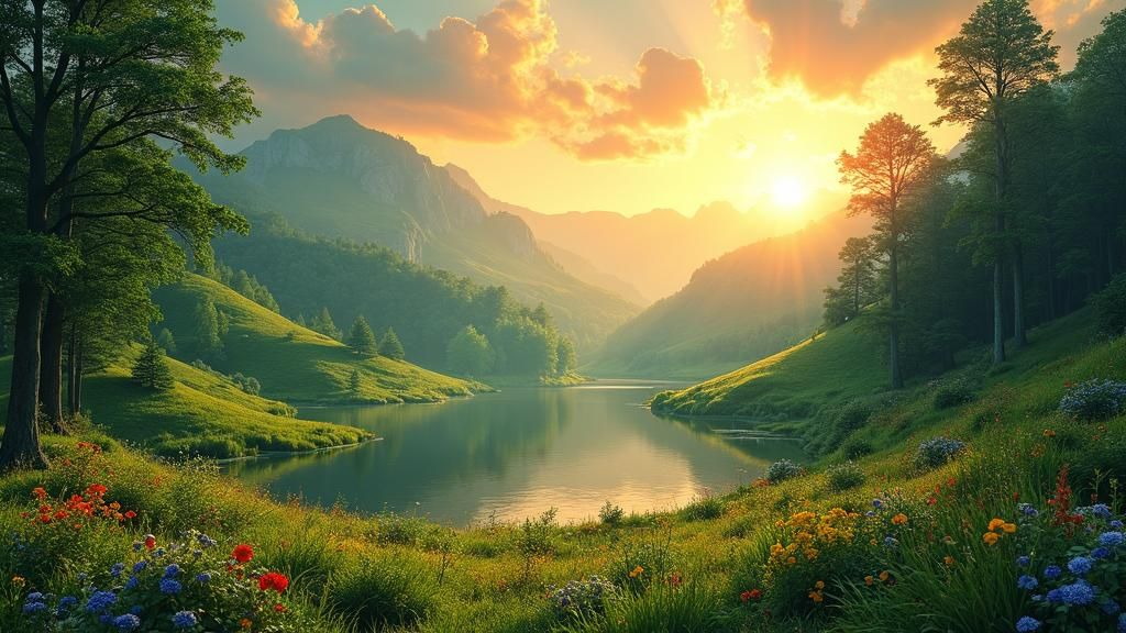 Lush Valley with Lake and Sunrise in Fantasy Style