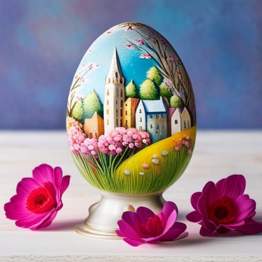 Vintage Easter Egg with Spring Scene as Impasto Painting