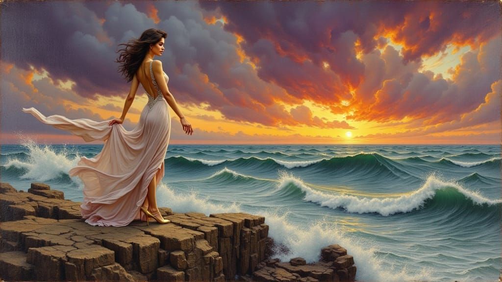 1950s Woman on Clifftop in Oil Painting Style