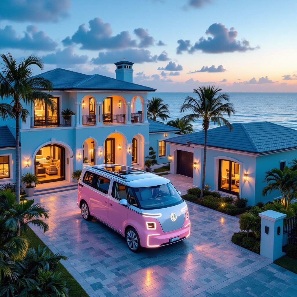 Pink VW Van at Oceanfront Mansion, Drone View