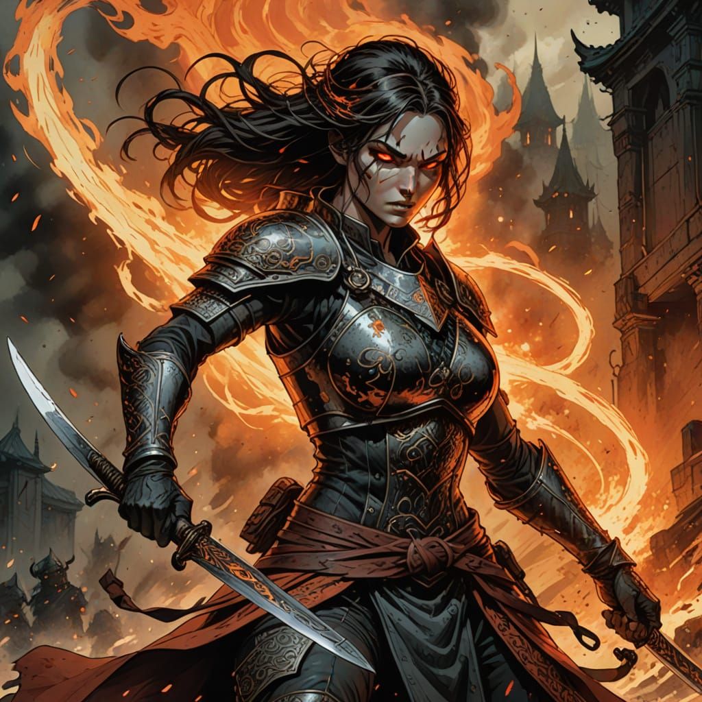 Fiery Female Warrior in Combat, Fantasy Art
