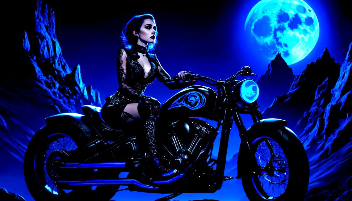 Gothic Woman on Motorcycle with Neon Moon